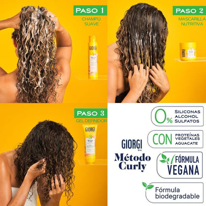 GIORGI Line - Gel Definidor, Método Curly, Rizos Espectaculares, 0% Alcohol, 0% Siliconas, 0% Sulfatos, Con Proteínas Vegetales y Aguacate - 250 ml